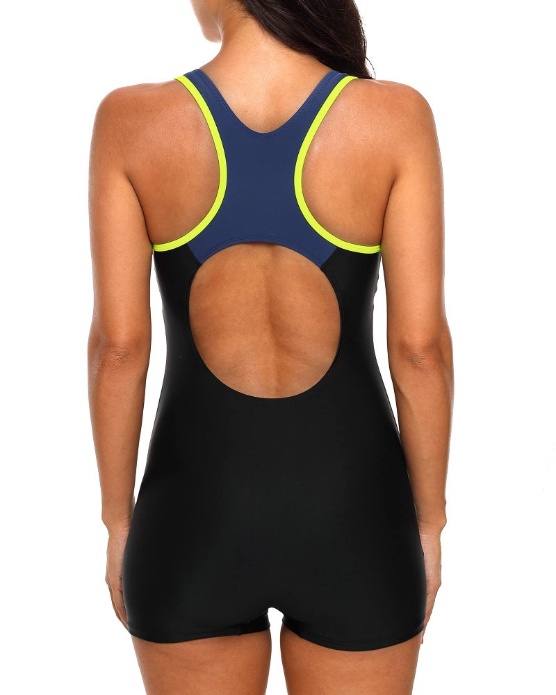CharmLeaks Women Chlorine Proof Swimsuit Modest Racerback Boyshort Aquatard Unitard 1 Piece Swimwear Black Navy L - Image 2